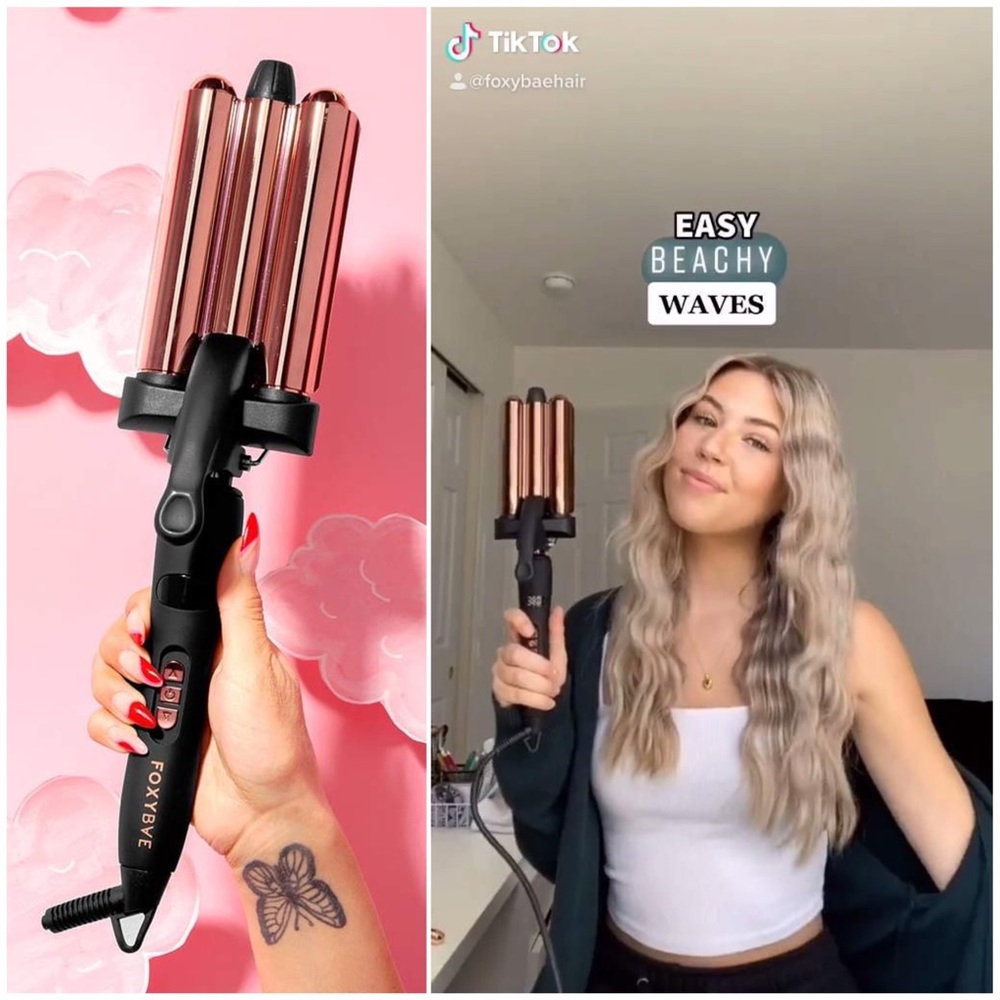 FOXYBAE Triple Waver Curling Iron Crimper Wavy Baby Hair Tool Beach Rose Gold - Picture 2 of 9